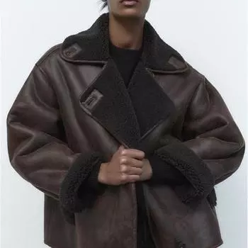 Новая осенне-зимняя мотоциклетная куртка женская уличная одежда однобортное пальто из искусственной кожи ягненка свободная толстая верхняя одежда из искусственной замши XS коричневый
