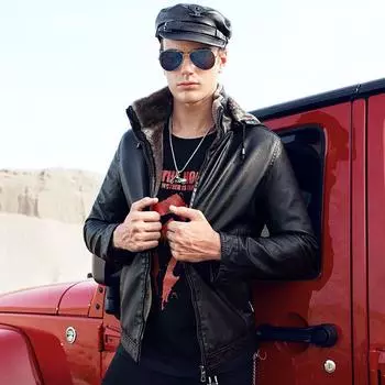 Новая осенне-зимняя мужская кожаная куртка в корейском стиле, мужская меховая цельная куртка из искусственной кожи, мужская утолщенная куртка с капюшоном, модная M