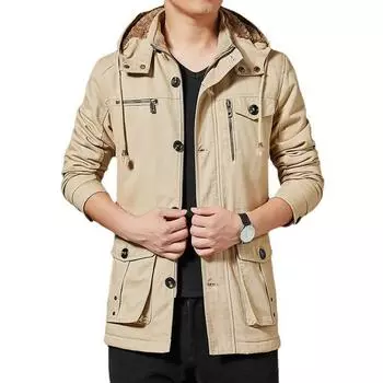 Новая осенне-зимняя мужская куртка средней длины, ветровка из чистого хлопка с капюшоном, деловая повседневная верхняя куртка большого размера, утолщенная бархатная куртка M
