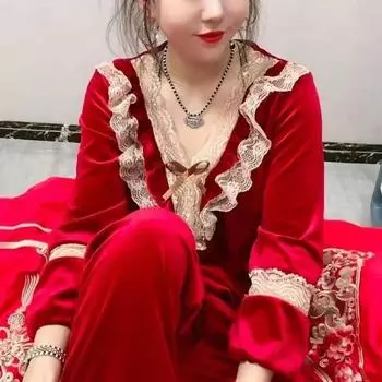 Новая осенне-зимняя пижама, женский золотой бархатный костюм, свободная домашняя одежда, кружевной воротник-стойка, большой размер, домашняя одежда в корейском стиле M