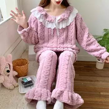 Новая осенне-зимняя плюшевая пижама для женщин с круглым вырезом, кружевом, длинными рукавами для женщин, милая однотонная домашняя одежда для принцесс M фиолетовый
