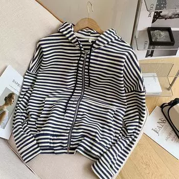 Новая осенне-зимняя полосатая толстовка с капюшоном для женщин, свободная, длинная, ленивая, нишевая, универсальная, на молнии, кардиган S