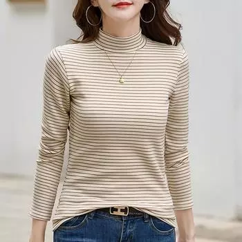 Новая осенне-зимняя полосатая водолазка с воротником-стойкой для девочек, утолщенная теплая футболка с длинными рукавами, женский топ XL