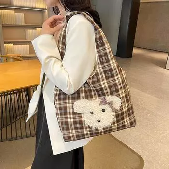 Новая осенне-зимняя повседневная сумка в клетку для девочек большой емкости в корейском стиле, симпатичная мультяшная плюшевая сумка под мышкой, прилив хаки