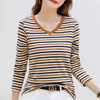 Новая осенне-зимняя ретро-рубашка в корейском стиле с V-образным вырезом в полоску, утолщенная футболка с длинными рукавами, облегающий внутренний топ для женщин