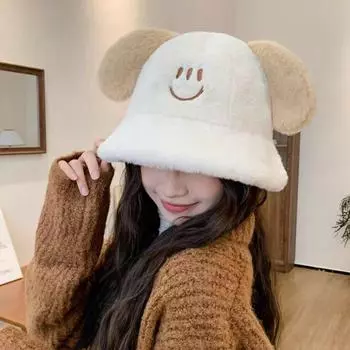 Новая осенне-зимняя шапка-рыбак с ушками щенка, плюшевая шляпа-ведро, милая и маленькая утолщенная теплая шапка-ведро для купания M56-58cm бежевый