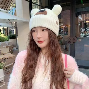 Новая осенне-зимняя шапка с изображением милого медведя из мультфильма, показывающего маленькое лицо, защитная шапка-пуловер, плюшевая теплая вязаная шерстяная шапка чёрный