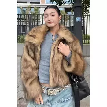 Новая осенне-зимняя шуба из искусственного меха под енота, короткая шуба из лисьего меха, свободная шерстяная повседневная куртка XS верблюд