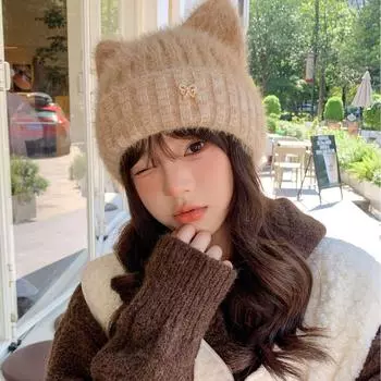 Новая осенне-зимняя симпатичная утолщенная шапка для защиты ушей с кошачьими ушками, женская зимняя защитная от холода, теплая шерстяная шапка для маленького лица One Size чёрный