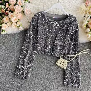 Новая осенне-зимняя стильная женская блузка с круглым вырезом и короткими рукавами с воздушными пузырьками, короткая футболка с пайетками One Size чёрный