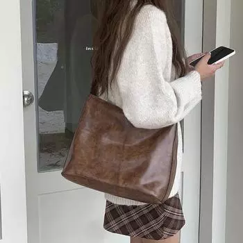 Новая осенне-зимняя сумка-тоут большого объема в ретро-стиле коричневого цвета для поездок на работу и обратно, сумка через плечо в корейском стиле