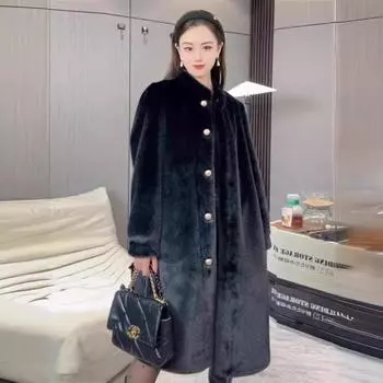 Новая осенне-зимняя утолщенная шуба из экологически чистой норки с воротником-стойкой, женская свободная длинная меховая интегрированная шуба M