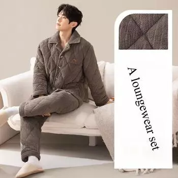 Новая осенне-зимняя утолщенная трехслойная хлопковая пижама из кораллового бархата, мужская теплая и бархатная домашняя одежда, молодежный комплект L