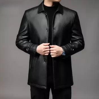 Новая осенне-зимняя вельветовая утолщенная кожаная куртка средней длины с воротником из искусственной кожи мужская кожаная ветровка куртка M