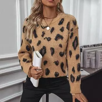 Новая осенне-зимняя женская европейская и американская мода леопардовый принт жаккардовый ворсистый свитер женское пальто