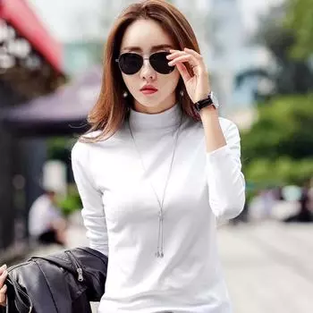 Новая осенне-зимняя женская футболка большого размера с полуводолазкой, хлопковая утолщенная футболка в корейском стиле с длинными рукавами для женщин S белый