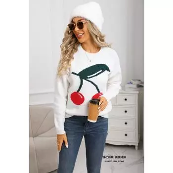Новая осенне-зимняя женская коллекция представляет милый вязаный свитер с вишенками ко Дню святого Валентина, который является повседневным, универсальным и модным. S белый