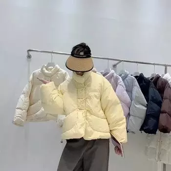 Новая осенне-зимняя женская куртка-пуховик с коротким воротником-стойкой и бантом в китайском стиле, теплая куртка на утином пуху S