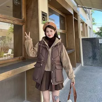 Новая осенне-зимняя женская модная куртка с капюшоном, жилет, жилет, свободная и универсальная верхняя одежда из хлопка жилет M чёрный