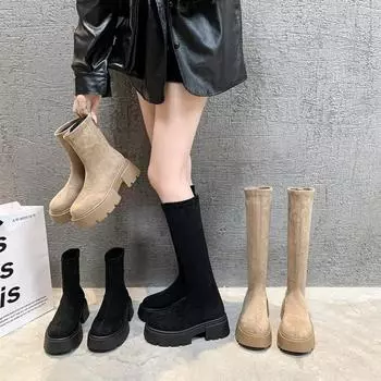 Новая осенне-зимняя женская обувь из натуральной замши на толстой подошве рыцарские сапоги с вшитой молнией сапоги для верховой езды фирменная обувь 35