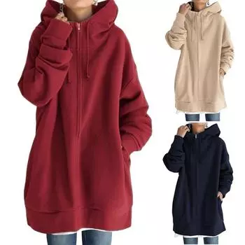 Новая осенне-зимняя женская однотонная свободная теплая толстовка с капюшоном и воротником-стойкой, модная тенденция, повседневная уличная одежда S красный