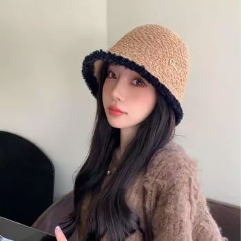 Новая осенне-зимняя женская панама, универсальная теплая вязаная шапка-ведро, утолщенная модная повседневная шапка average size чёрный