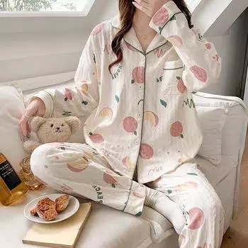 Новая осенне-зимняя женская пижама-кардиган с длинными рукавами, повседневная, удобная, дышащая, домашняя пижама из хлопка Wweet M