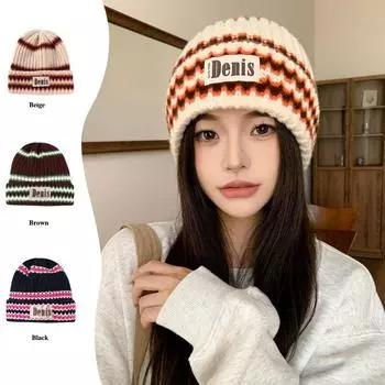 Новая осенне-зимняя женская шерстяная шапка с яркими буквами дофамина, повседневная универсальная теплая вязаная шапка в полоску One size розовый
