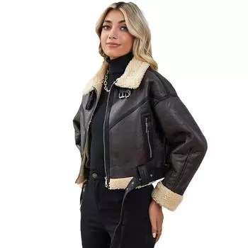 Новая осенне-зимняя женская уличная одежда, повседневная толстая теплая короткая куртка из искусственной кожи, женская модная винтажная куртка из искусственной кожи с мехом ягненка S коричневый