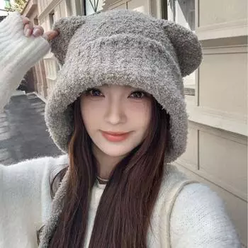 Новая осенне-зимняя женская вязаная шапка с кошачьими ушками и плюшевым медведем, защитная шапка для ушей, термошапка, симпатичная универсальная шапка one size fits all чёрный