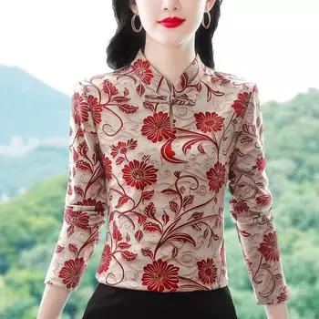 Новая осенняя футболка с длинными рукавами и принтом в стиле ретро с пуговицами и бархатной отделкой, базовая рубашка, облегающая женская футболка Temperament M