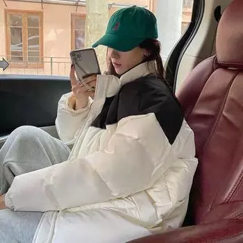 Новая осенняя хлопковая пуховая куртка женская зимняя короткая версия свободное пальто модные черно-белые пальто S чёрный