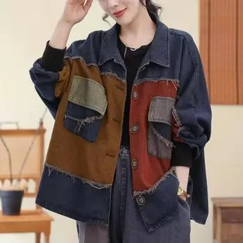 Новая осенняя литературная винтажная свободная повседневная джинсовая куртка с нашивкой, женская лоскутная уличная одежда с длинными рукавами, пальто