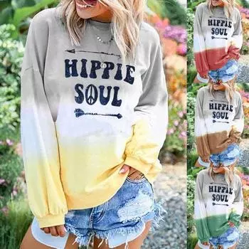 Новая осенняя мода Радуга с длинным рукавом и градиентным принтом Плюс Размер Женский Топ Свитер Одежда S коричневый