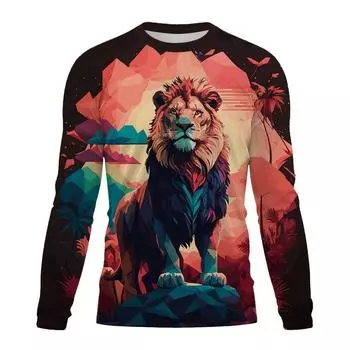 Новая осенняя мужская футболка с круглым вырезом и длинным рукавом, 3D-принт, модный рисунок животных и льва, топ, пуловер, футболки, мужская одежда S