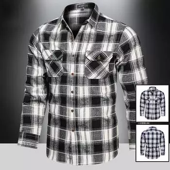 Новая осенняя мужская льняная хлопковая клетчатая рубашка с длинными рукавами, повседневная рубашка с несколькими карманами для инструментов M