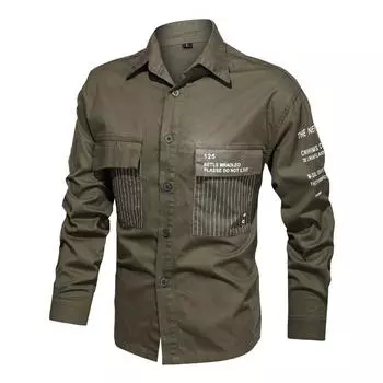 Новая осенняя мужская рубашка в стиле милитари с длинными рукавами, однотонная рубашка большого размера из чистого хлопка M