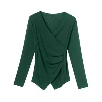 Новая осенняя одежда, тонкая и универсальная, однотонная, с V-образным вырезом, длинными рукавами, сетчатая основа для женской внутренней футболки M чёрный