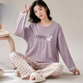 Новая осенняя пижама с нагрудной подкладкой, женская трикотажная хлопковая пижамная одежда, домашняя пижама Mujer с длинным рукавом, повседневная мягкая женская одежда для сна M белый/фиолетовый