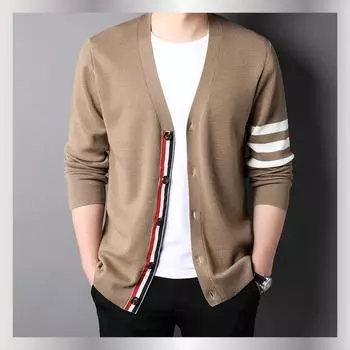 Новая осенняя повседневная куртка мужская полосатая вязаная кардиган с V-образным вырезом молодежный свитер мужская куртка 105
