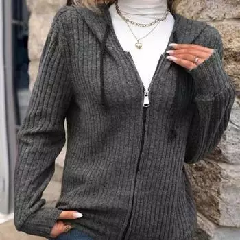Новая осенняя повседневная полосатая куртка с капюшоном женская свободная трикотажная кардиган на молнии S темно-серого