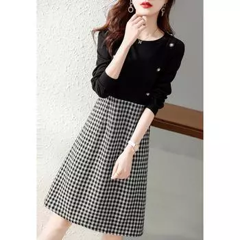 Новая осенняя повседневная юбка с длинными рукавами, свободная корейская версия, клетчатое платье для женщин S чёрный
