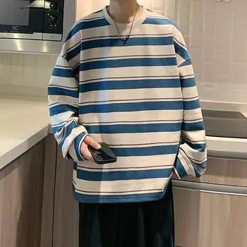 Новая осенняя японская свежая мужская толстовка в полоску, пуловер с длинными рукавами, модная молодежная популярная толстовка с воротником S