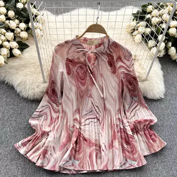 Новая осенняя рубашка с длинными рукавами и принтом, плиссированные края, рубашка с пряжкой на поясе, женские свободные дизайнерские нишевые топы