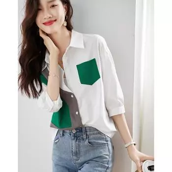 Новая осенняя рубашка с контрастным завязывающимся шнурком, весенне-осенний стиль, тонкая женская рубашка S белый