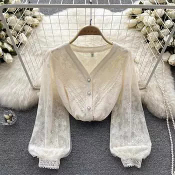 Новая осенняя рубашка с v-образным вырезом, рукавами-фонариками и милыми топами, женская темпераментная легкая роскошная кружевная шифоновая рубашка знаменитостей