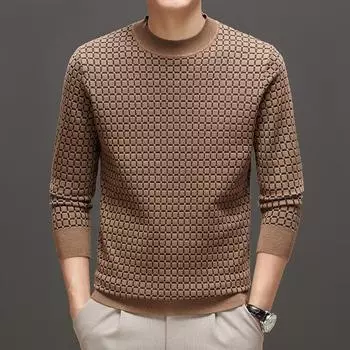 Новая осенняя шерстяная клетчатая мужская рубашка с круглым вырезом и жаккардовым узором с вязаным свитером для мужчин M