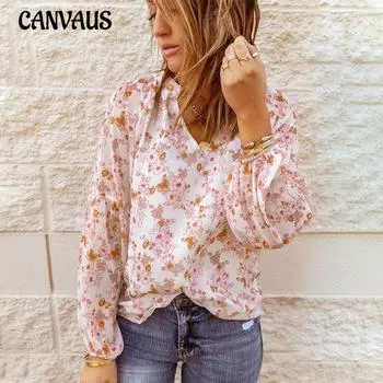 Новая осенняя шифоновая рубашка с цветочным принтом, женская свободная повседневная рубашка с v-образным вырезом и длинными рукавами S