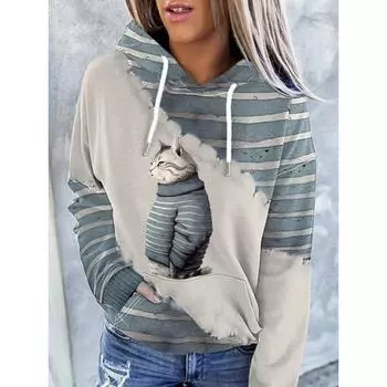 Новая осенняя толстовка с капюшоном в национальном стиле с 3D-печатью и изображением мультяшного животного с длинным рукавом, уличная одежда для женщин S