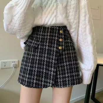 Новая осенняя твидовая клетчатая юбка в стиле ретро для женщин, большие размеры, модные тонкие повседневные шорты с высокой талией, шикарные элегантные женские брюки-кюлоты 2XL белый